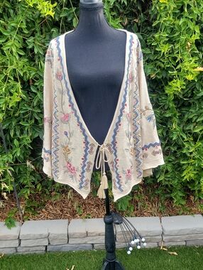 Karyn Seo Embroidered Boho Tie-Front Oatmeal Indy Kimono Jacket Cardigan L